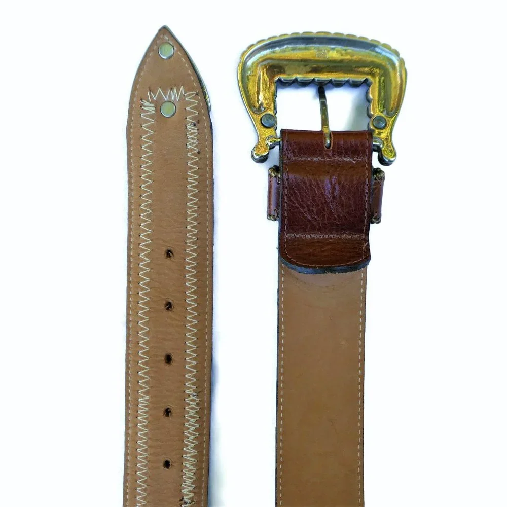 Vintage Italian Brown Leather Belt Silver Goldtone Buckle Loop Tip Hardware USA
